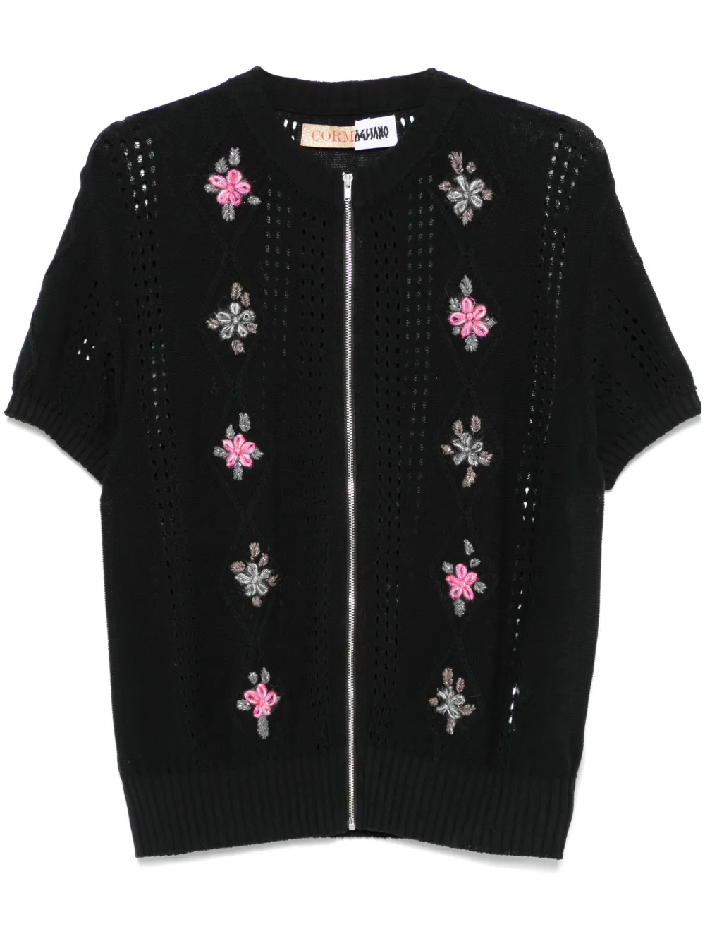 flower-embroidered knitted shirt