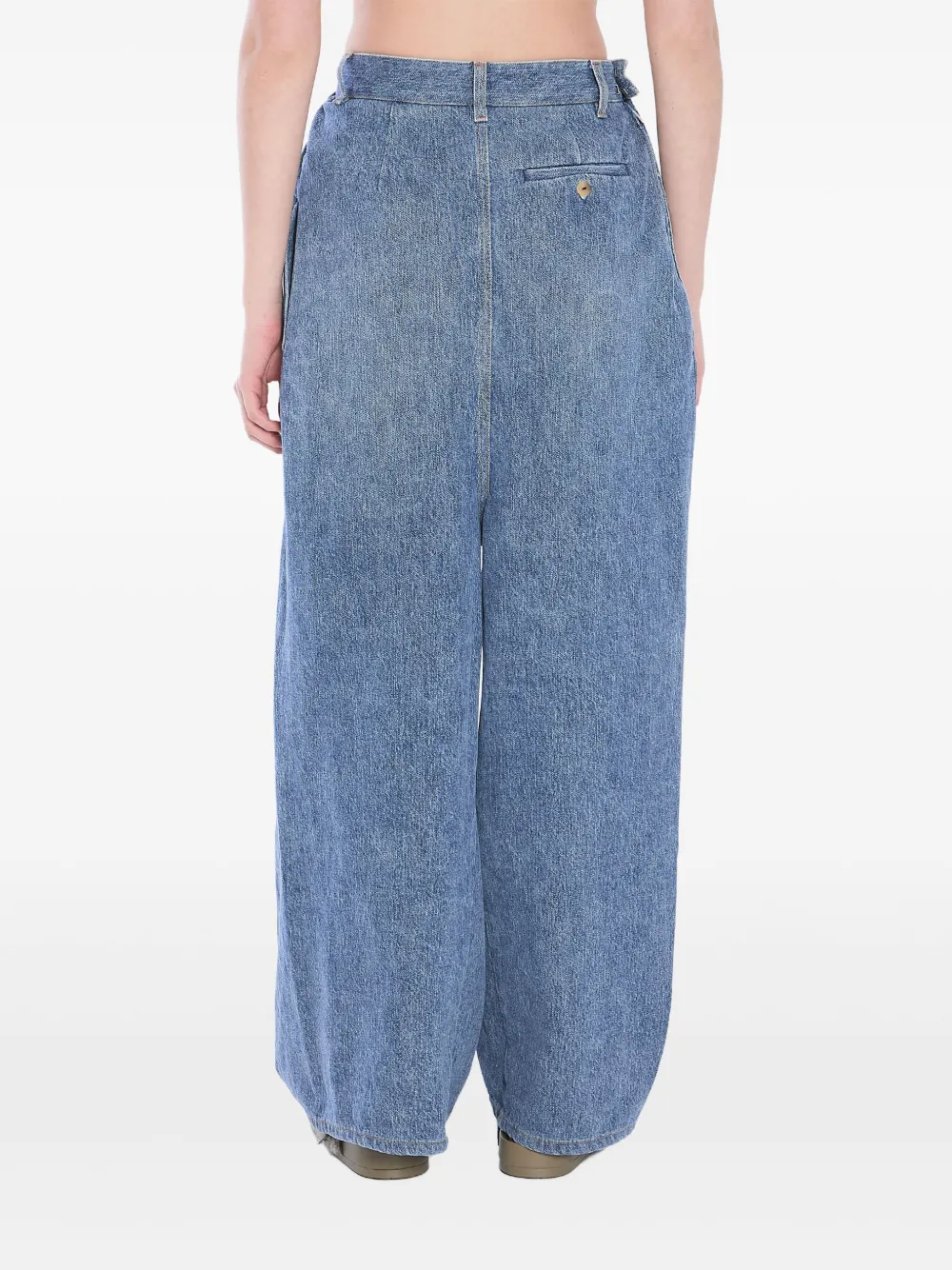 Loewe Leather-trimmed Draped Gathered High-rise Wide-leg Jeans In Blue