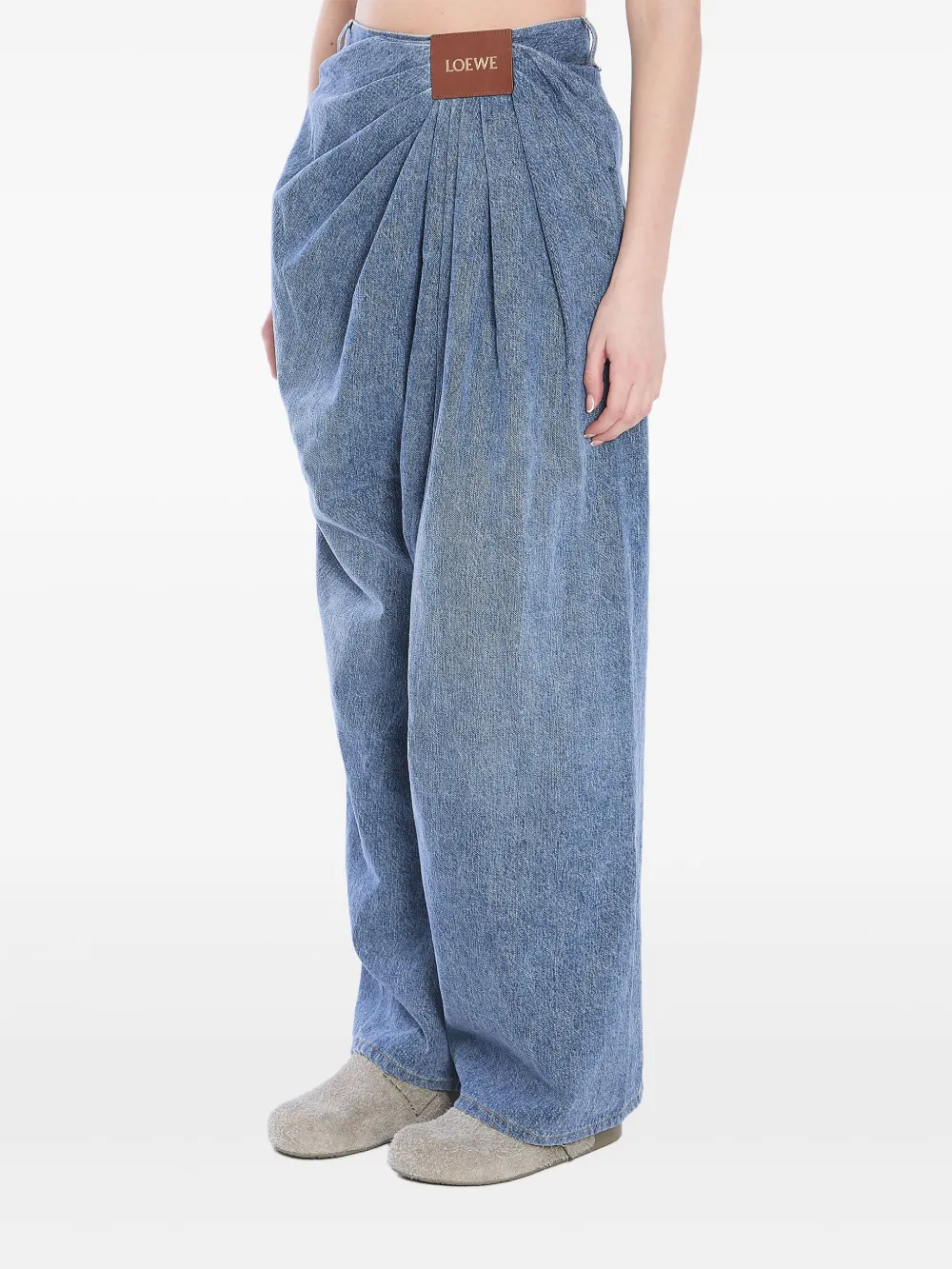 Loewe Leather-trimmed Draped Gathered High-rise Wide-leg Jeans In Blue