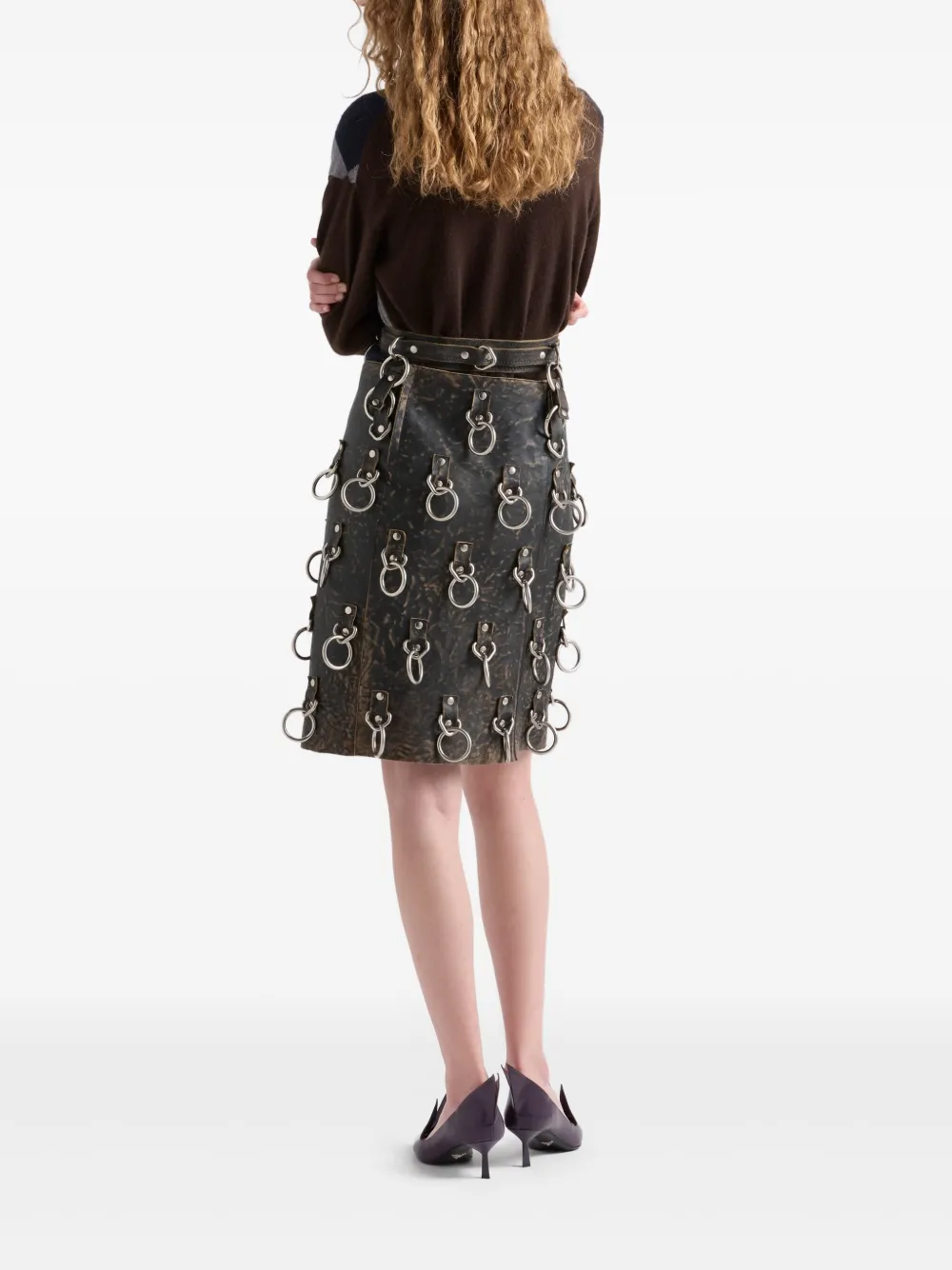 Prada Leren mini-rok met ringdetail Zwart