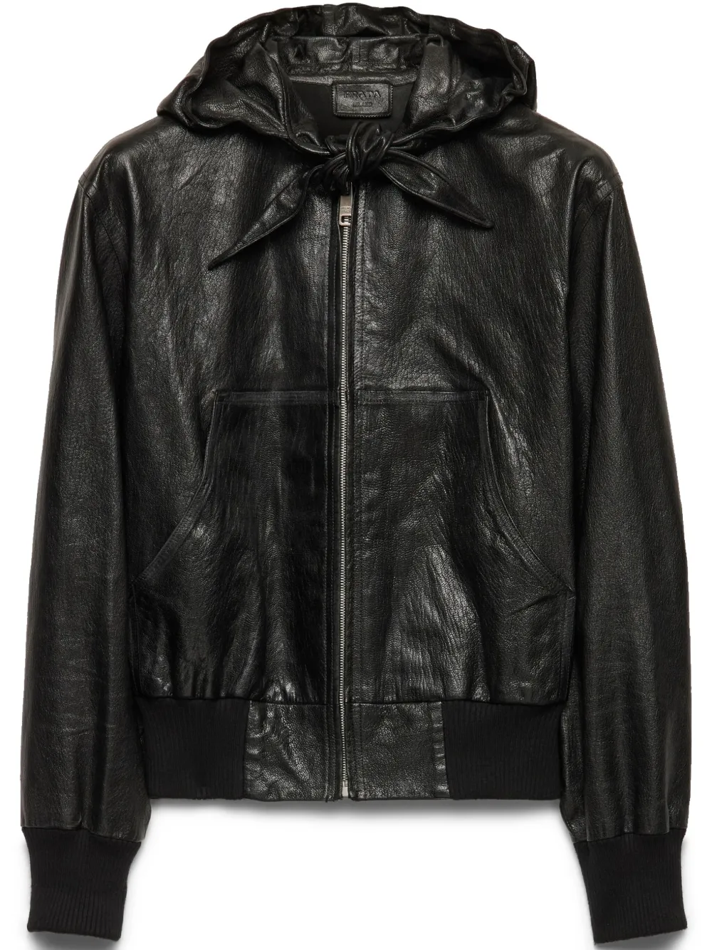 Prada Long-sleeved Hooded Leather Jacket In Black