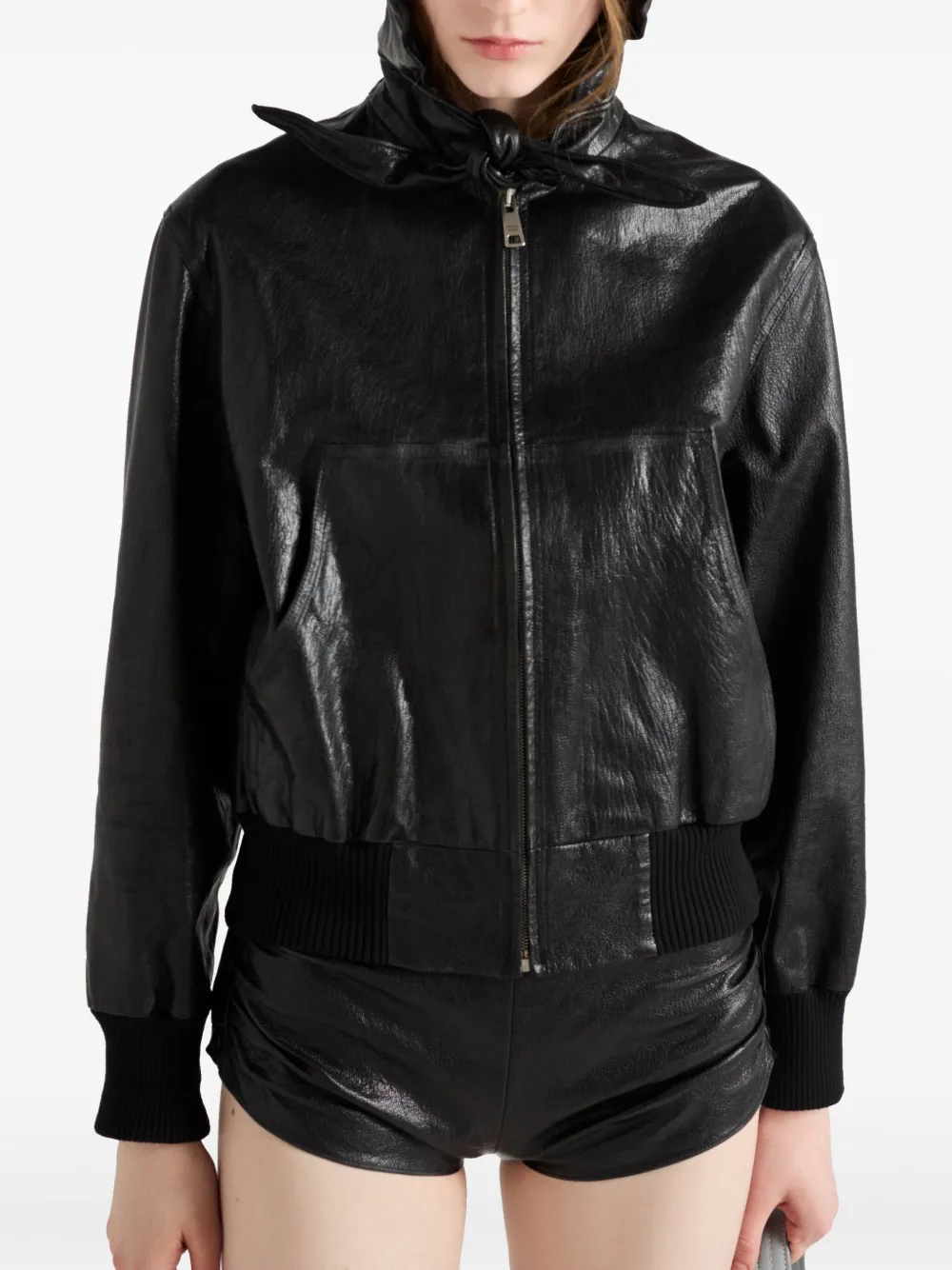 Prada Long-sleeved Hooded Leather Jacket In Black