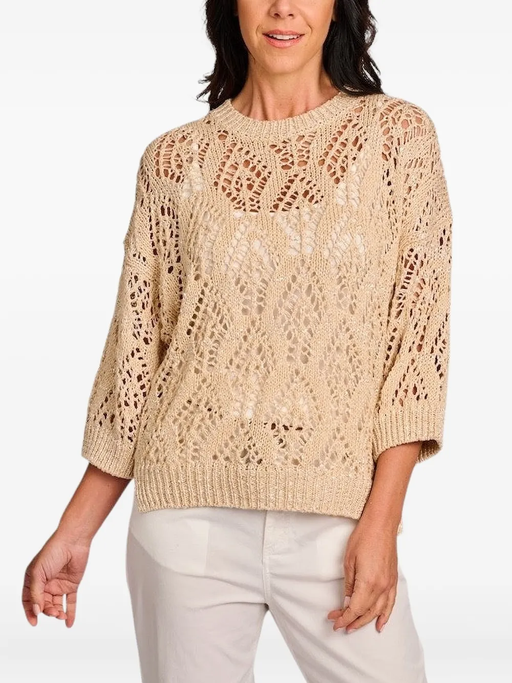 open-knit three-quarter sleeve sweater