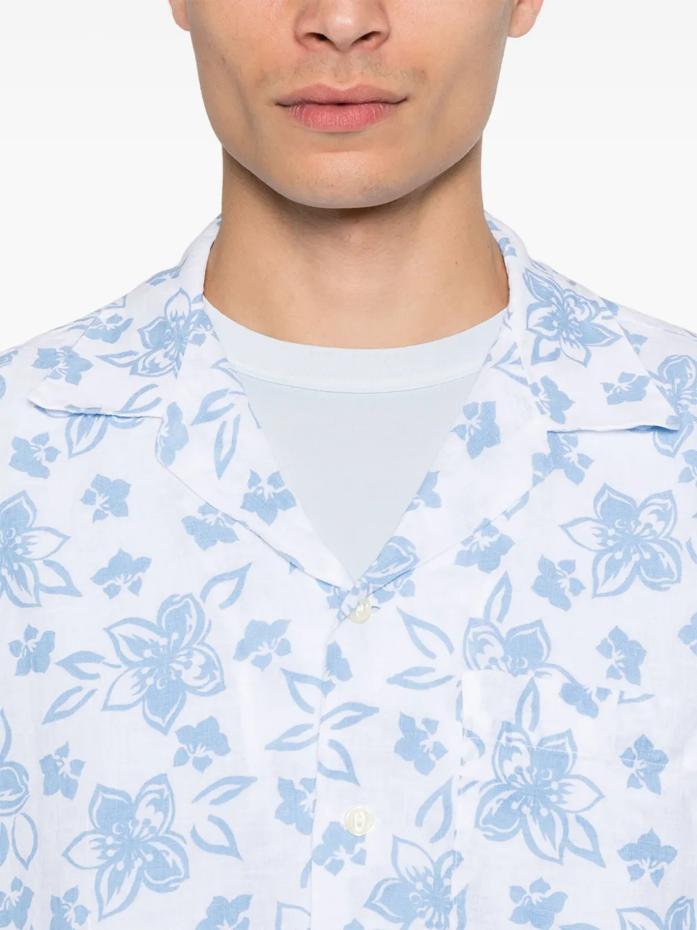 120% Lino Overhemd met bloemenprint Blauw