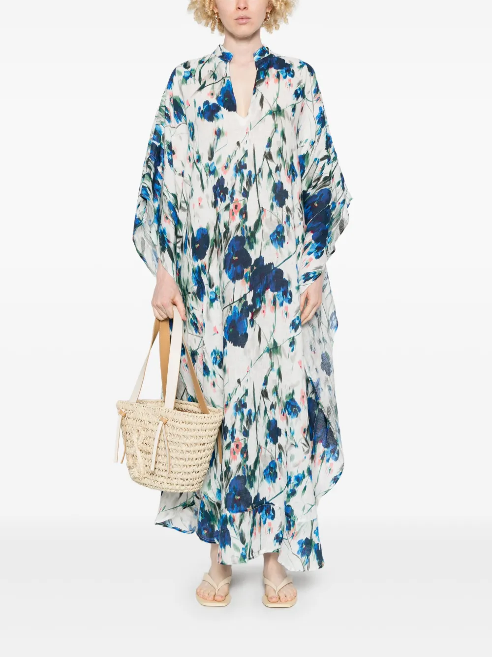 120% Lino Maxi-jurk met bloemenprint - Blauw