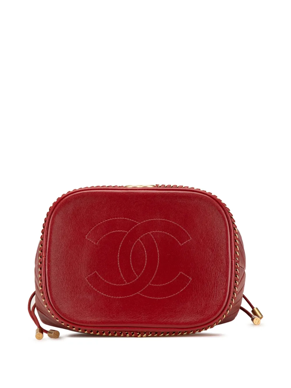 Pre-owned Chanel 2017-2018 Paris Cosmopolite Medium Chevron Lambskin Bucket Bag In Red