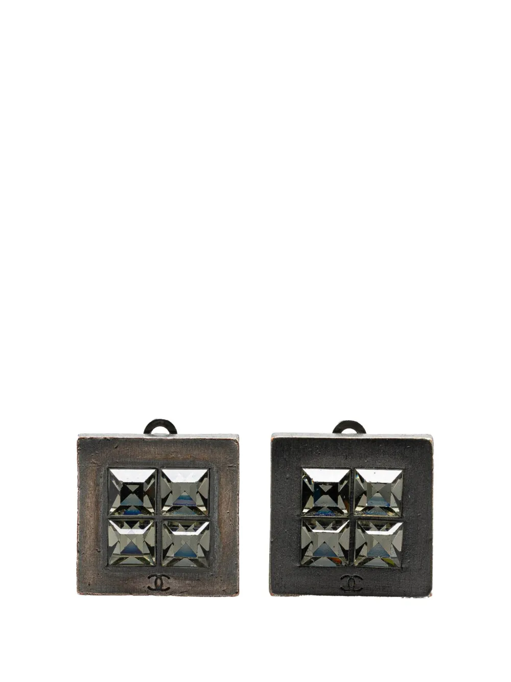 Pre-owned Chanel 2000 Silver Plated Square Crystal Clip On Earrings Costume Earrings