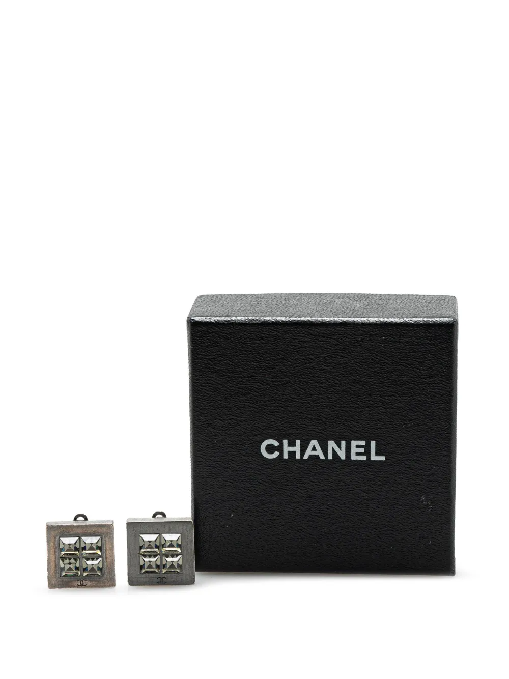 Pre-owned Chanel 2000 Silver Plated Square Crystal Clip On Earrings Costume Earrings
