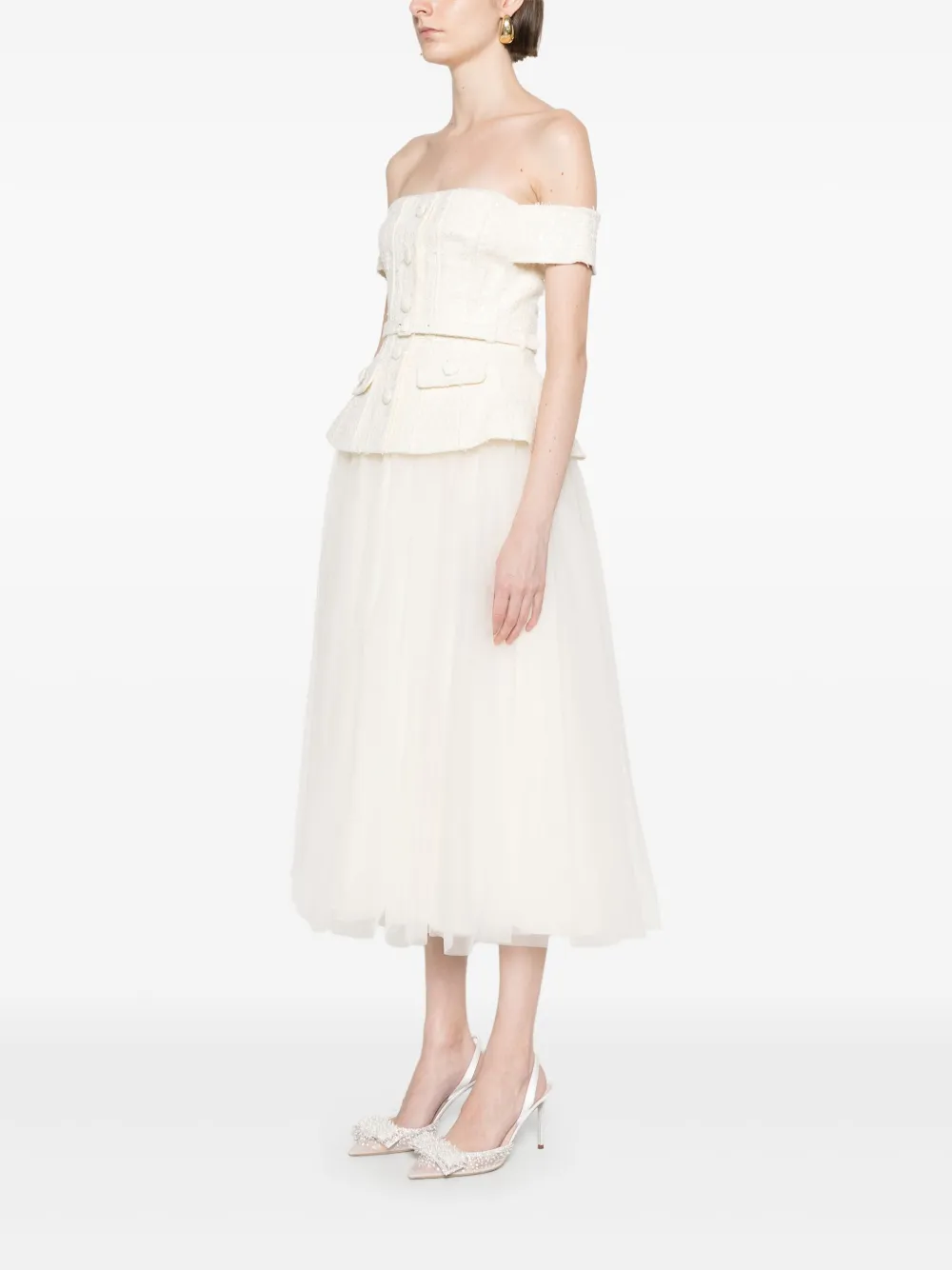 Self-Portrait Bouclé tulen midi-jurk Beige