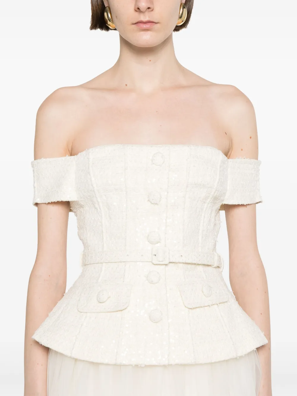 Self-Portrait Bouclé tulen midi-jurk Beige