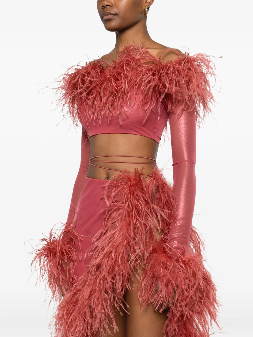 OSEREE FEATHER-TRIM CROPPED TOP