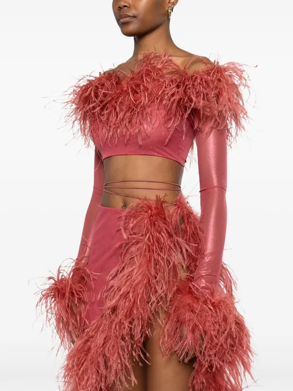 Oséree feather-trim Cropped Top | Red | FARFETCH