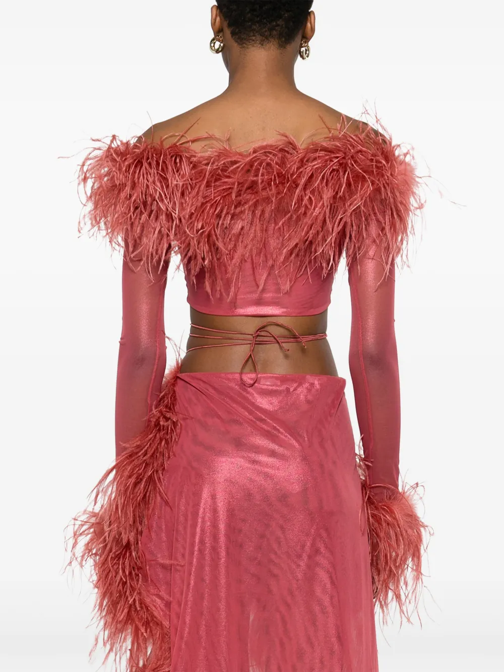 OSEREE FEATHER-TRIM CROPPED TOP