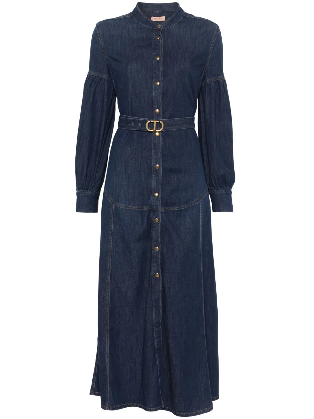 belted denim long dress