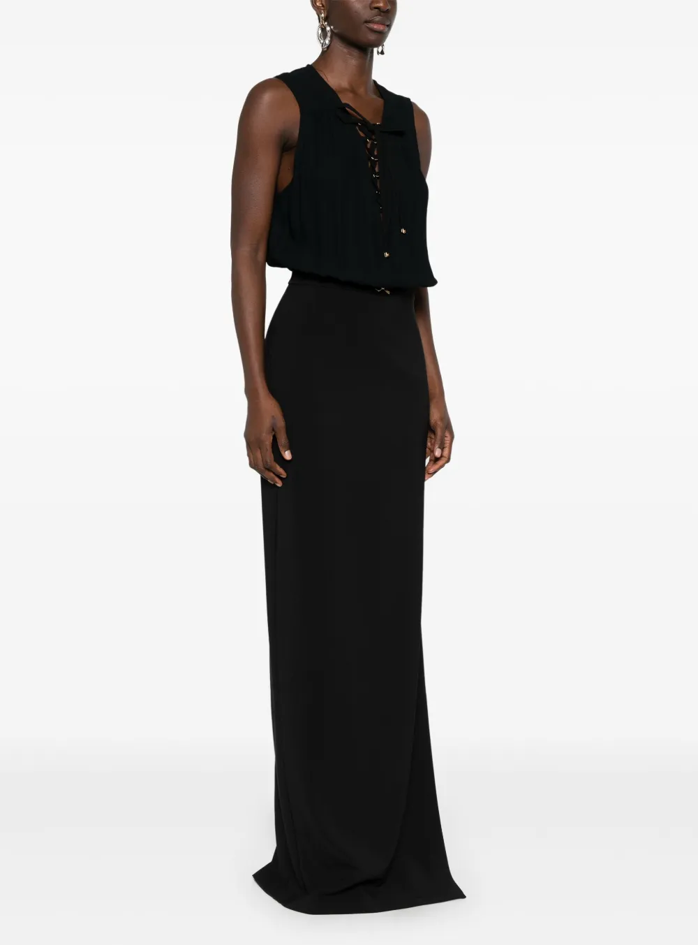 Elisabetta Franchi Lace-up Crepe Maxi Dress In Black