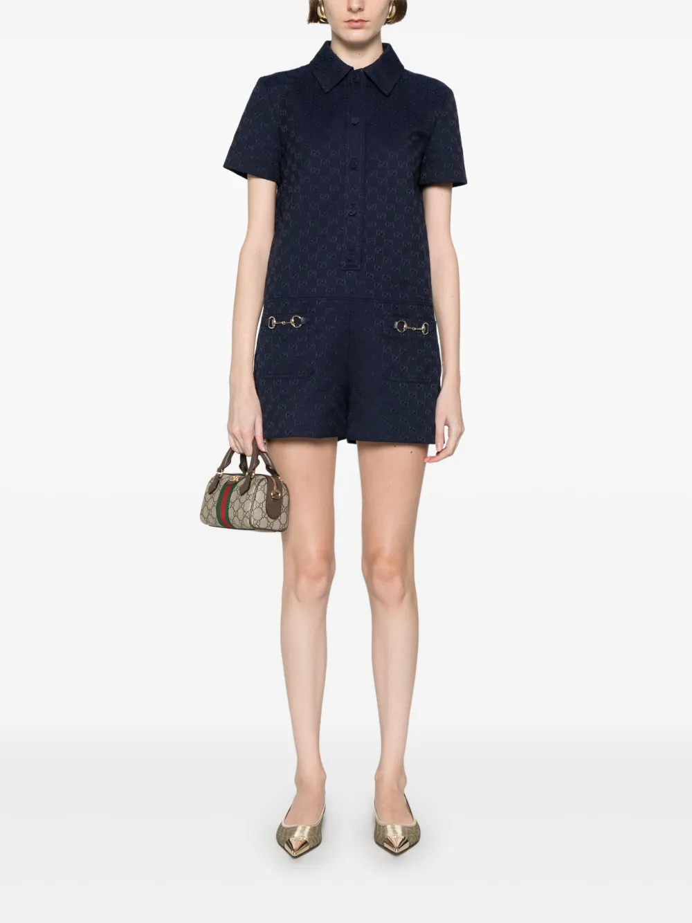 Gucci Gg Canvas Jumpsuit With Horsebit In Blue