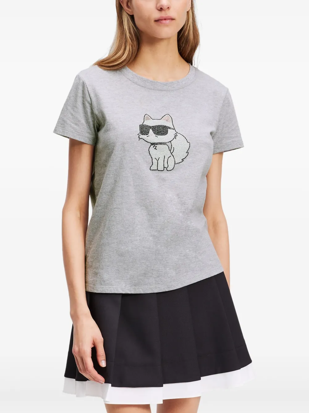 Karl Lagerfeld Ikon Choupette T-shirt met stras Grijs
