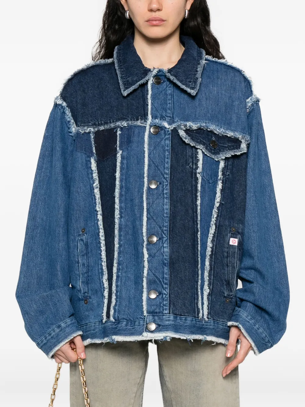 Charles Jeffrey Loverboy Denim jack met patchwork en franje Blauw