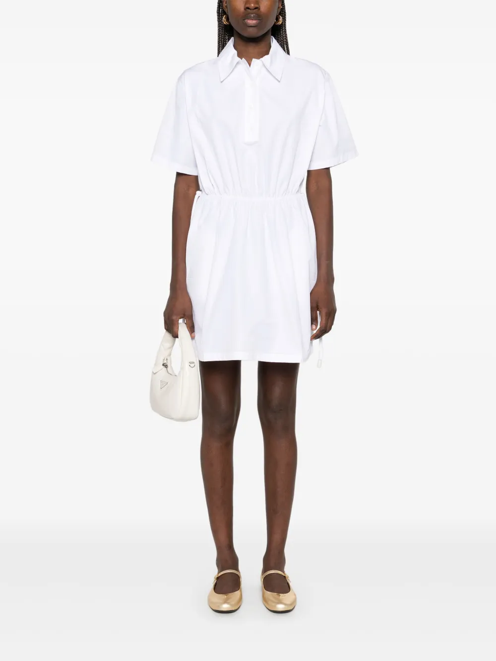 Prada Womens White Gathered-waist Classic-collar Cotton Mini Dress In F0009 White