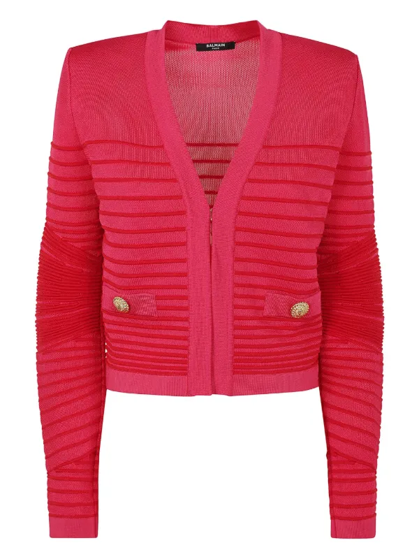 Balmain Ribbed-detail Cardigan in Pink