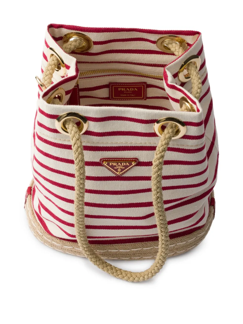 Prada Kleine gestreepte bucket-tas Beige