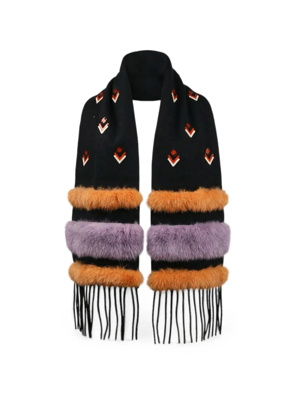 Valentino Garavani geometric-pattern faux-fur-trim scarf - Schwarz