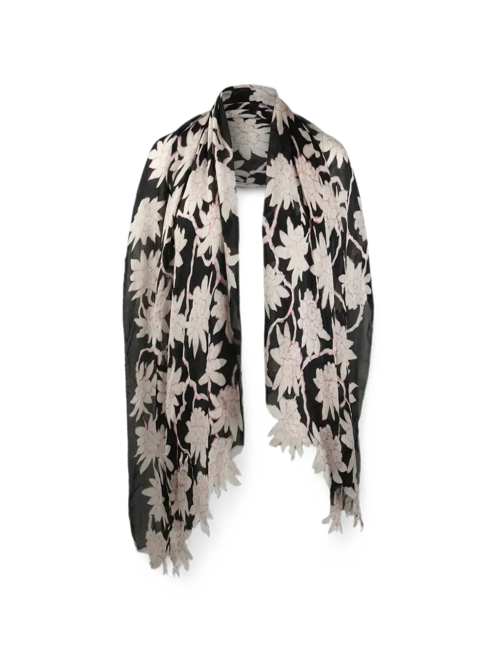Valentino Garavani floral-print frayed scarf - Black