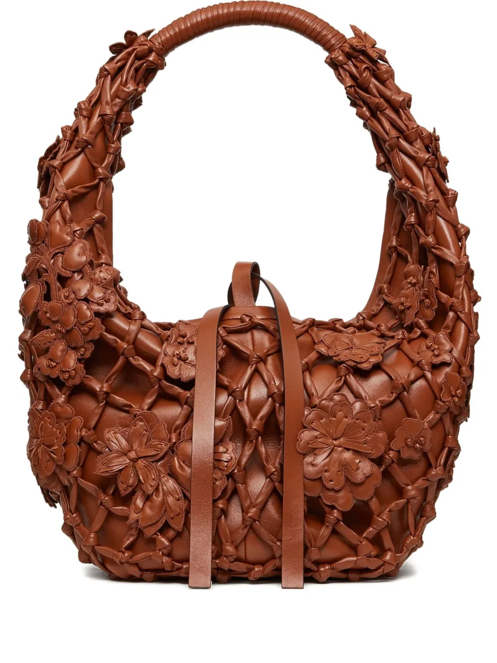 Valentino Flower-embellished Net Shoulder Bag In Brown