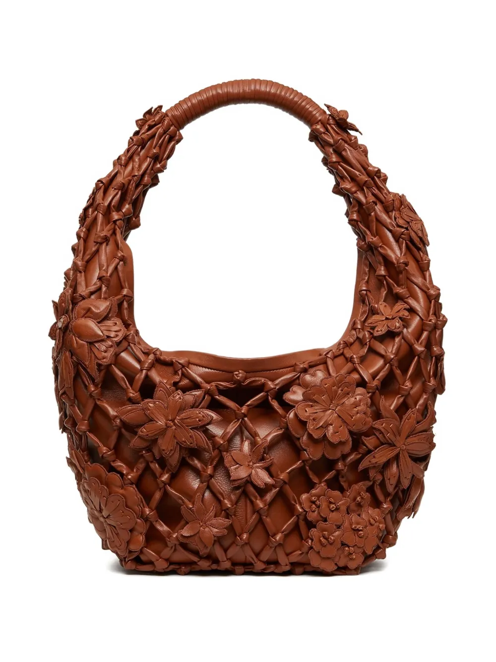 Valentino Flower-embellished Net Shoulder Bag In Brown