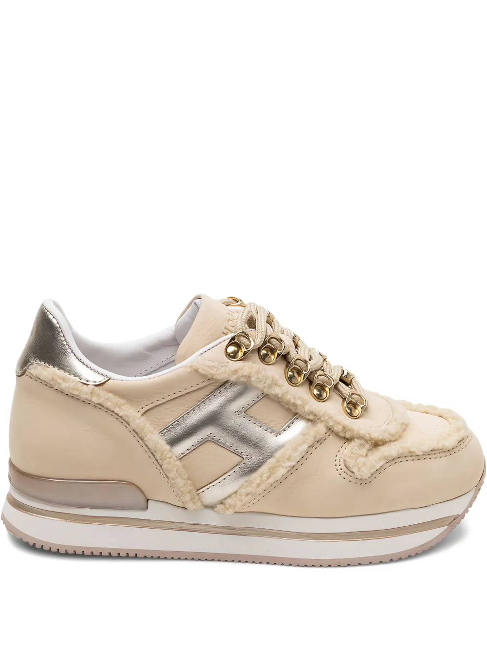 Hogan metallic-trimmed shearling sneakers Neutrals
