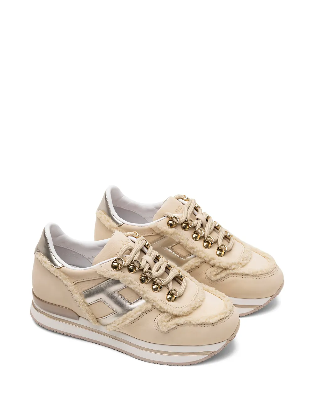 Hogan metallic-trimmed shearling sneakers Neutrals