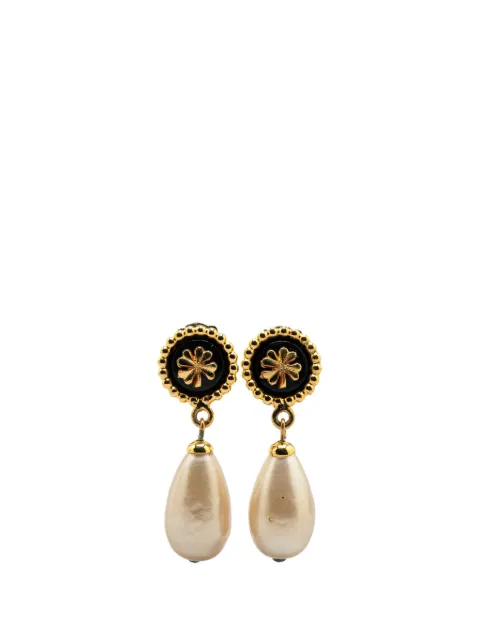 CHANEL Pre-Owned 1980-1990 Gold Plated Clover Faux Pearl Dangling Clip on Earrings costume earrings
