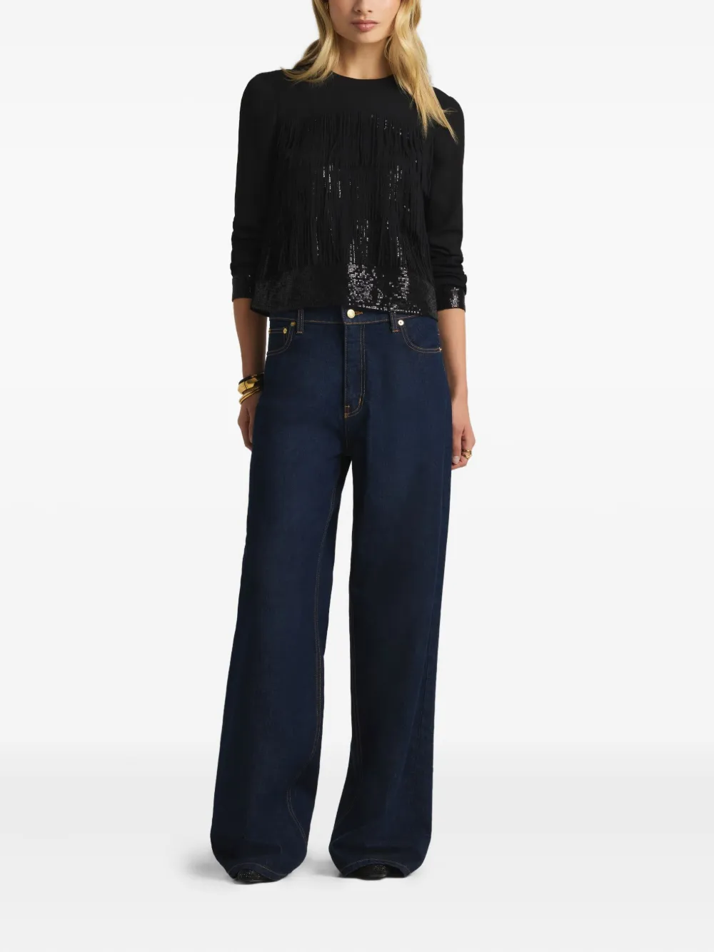 St. John fringe-detail sequinned blouse - Zwart