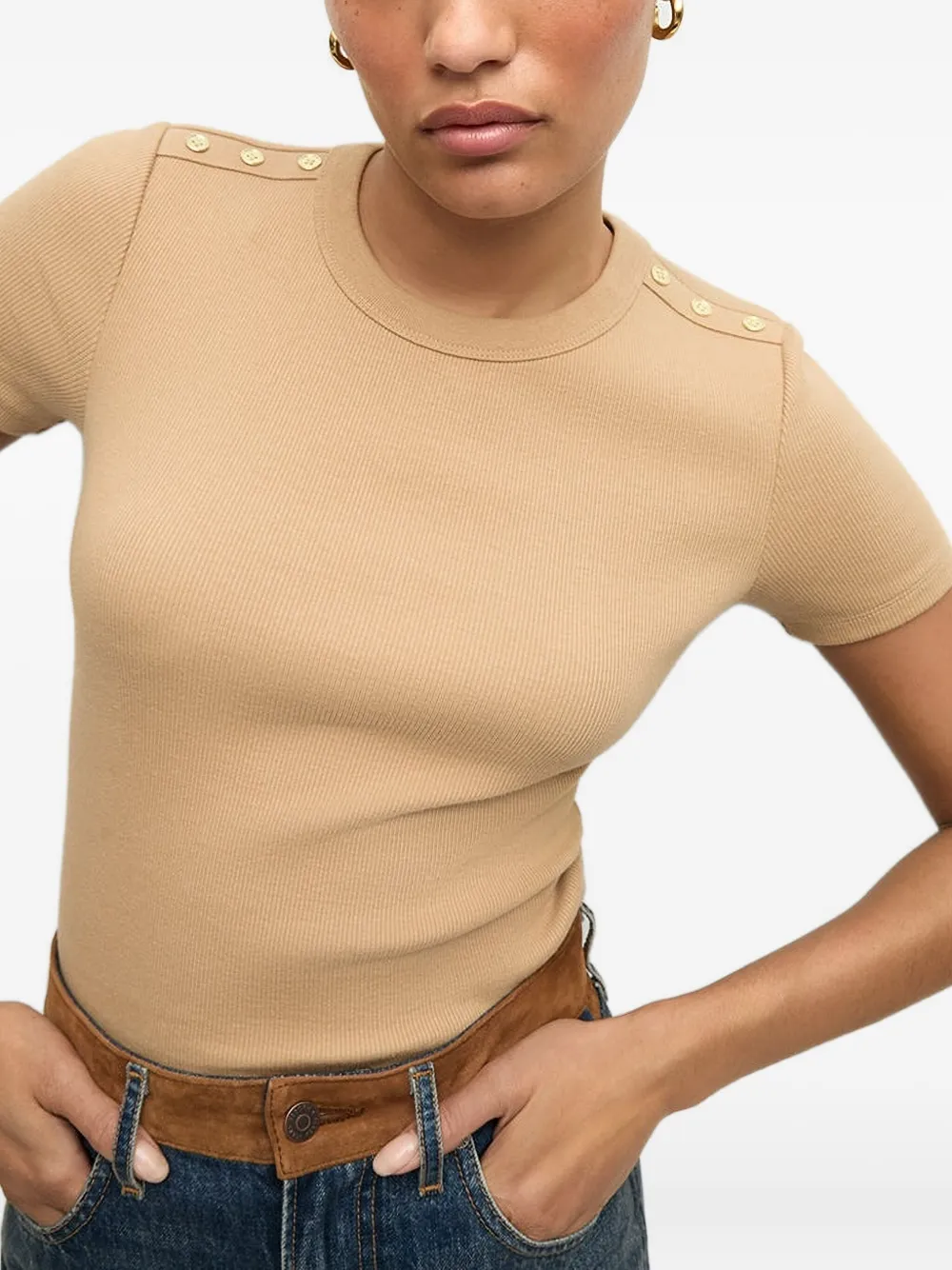 Veronica Beard Draya Button-detailed Ribbed T-shirt In Neutral