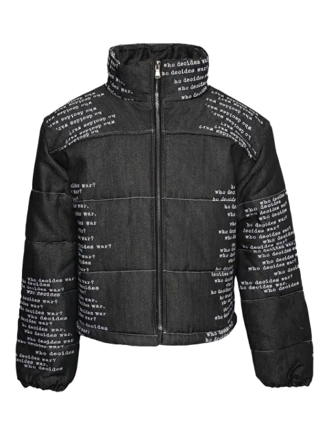 Who Decides War Signature Scripture puffer jacket
