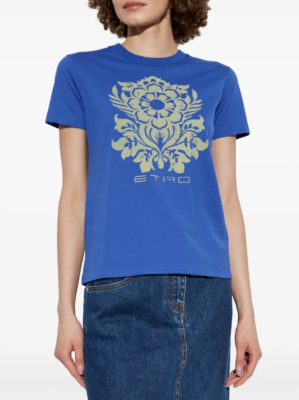 ETRO Flower-print Cotton T-shirt | Blue | FARFETCH