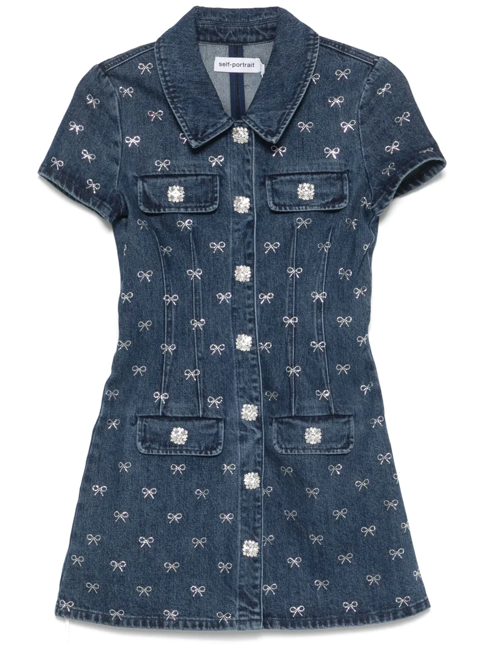 bow-embellished denim mini dress