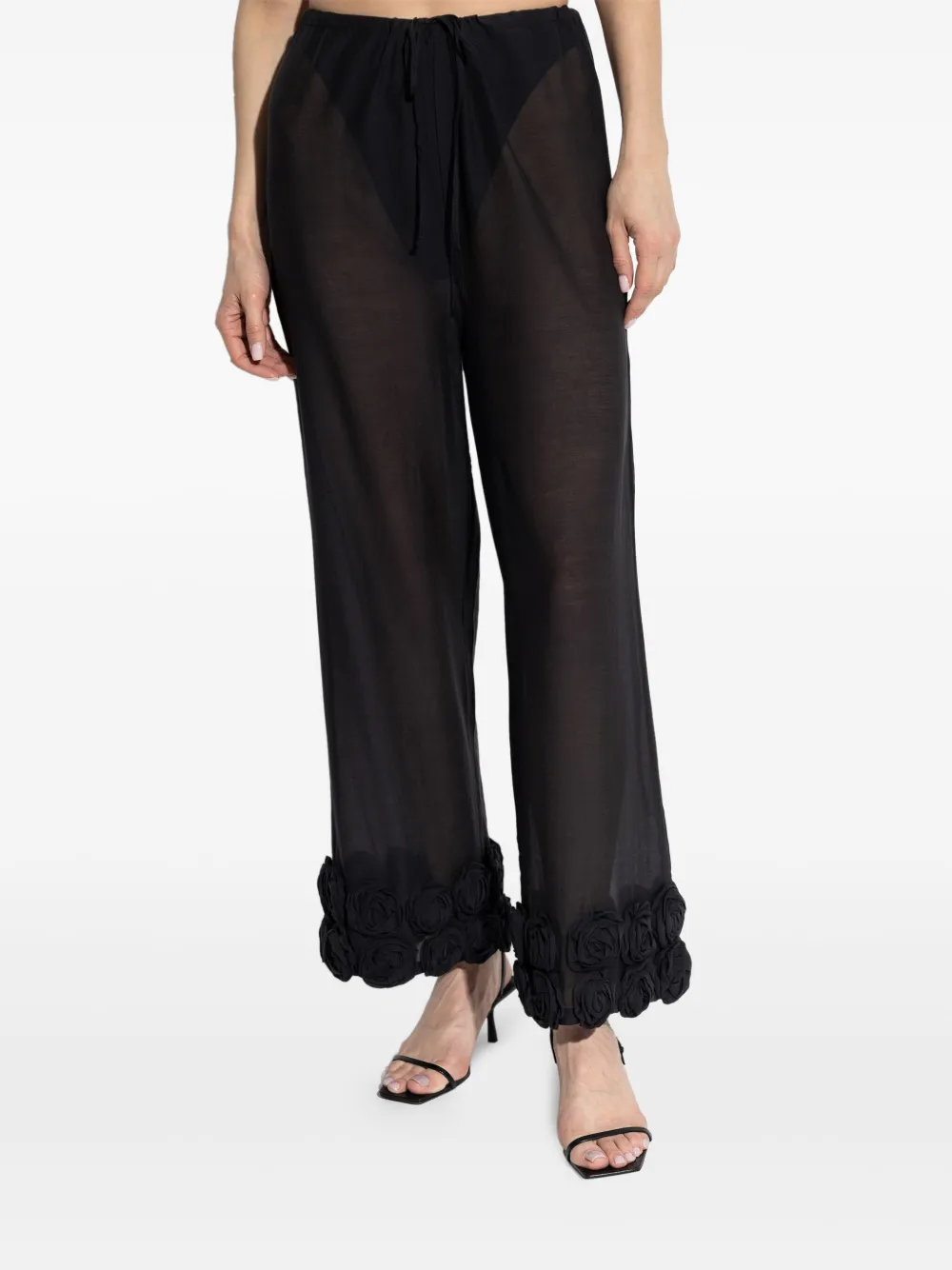 Shop Oseree Floral-appliqué Trousers In Black