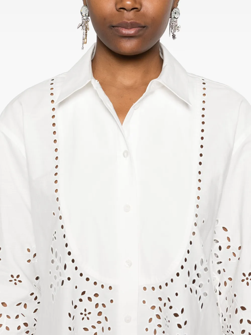 Shop Self-portrait Cotton Embroidered Shirt Dress In White