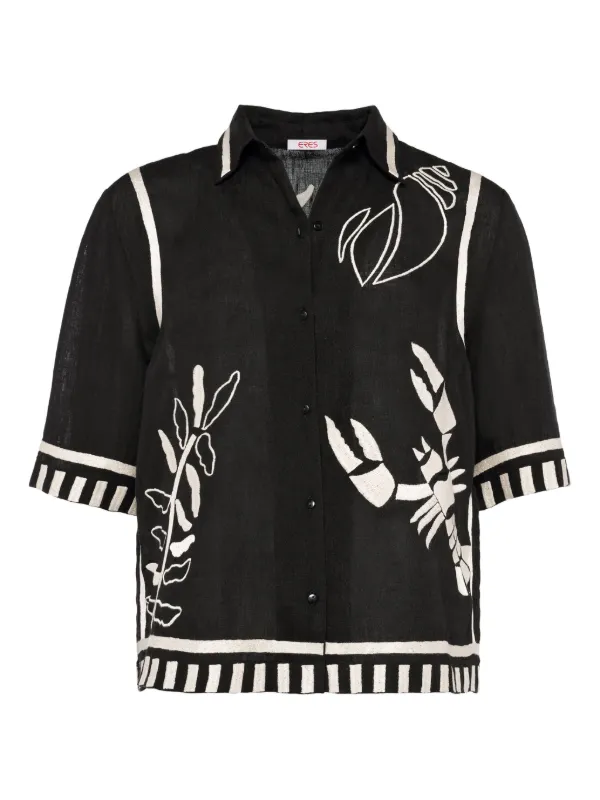 Eres Crab Embroidered Short-sleeve Shirt in Black