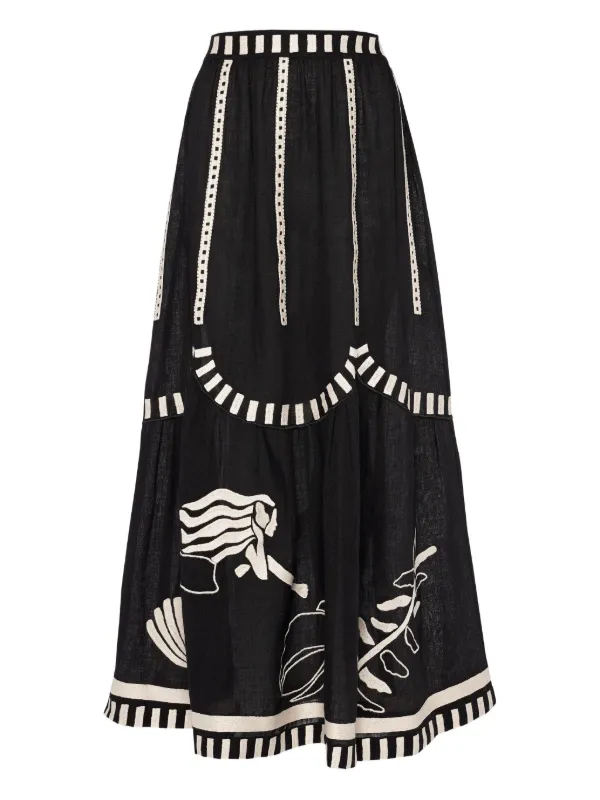 Eres Starfish Illustrated Tiered Maxi Skirt in Black