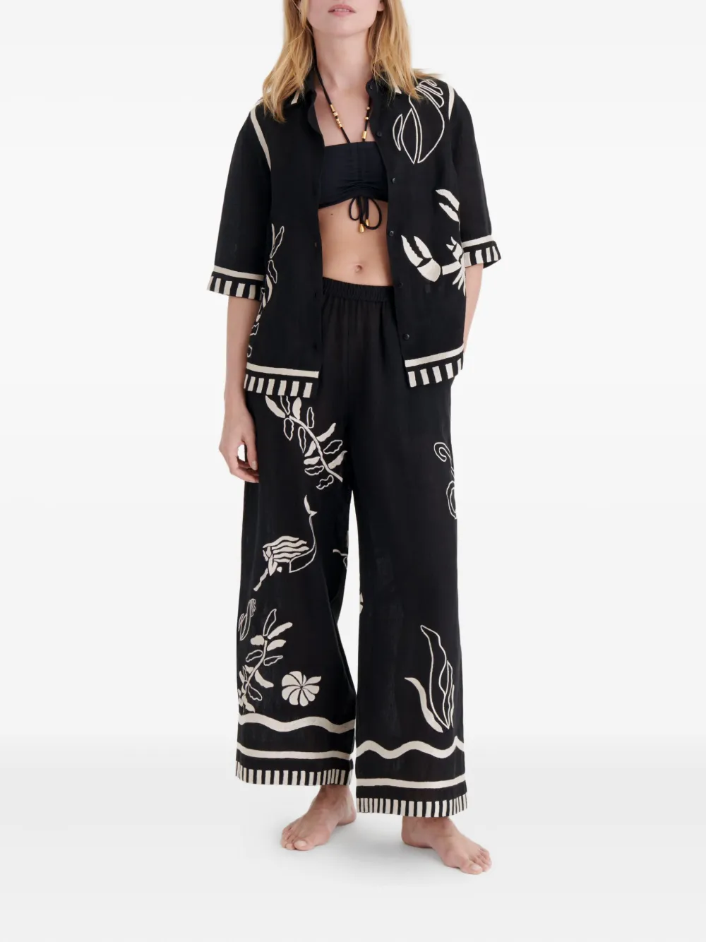 ERES Broek met bloemenprint en wijde pijpen - Zwart