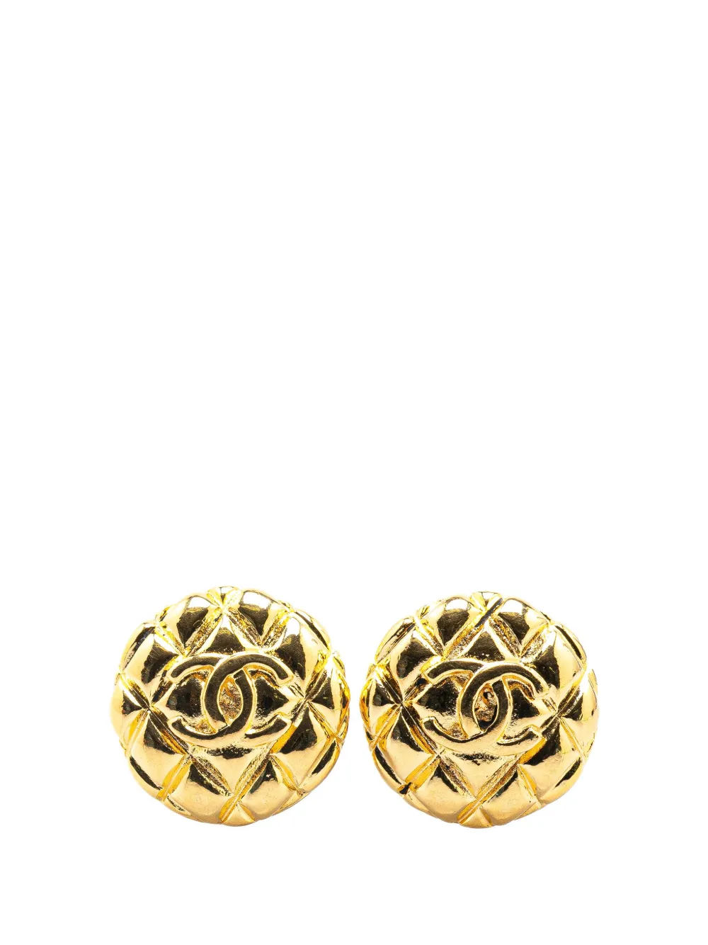 Pre-owned Chanel 1980-1990 Gold Plated Cc Quilted Clip On Earrings Costume Earrings