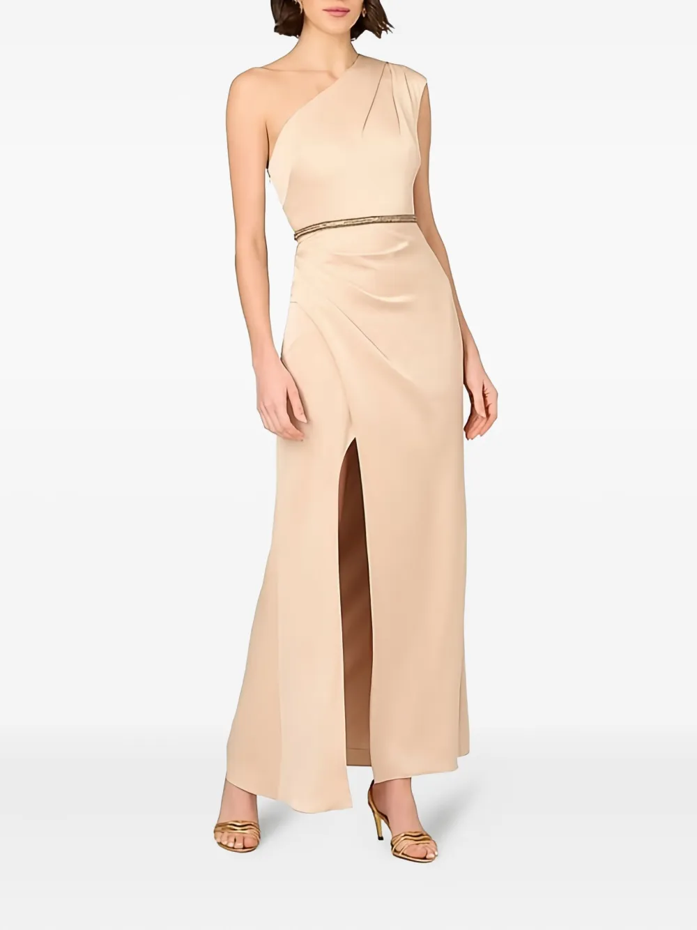Aidan Mattox one-shoulder embellished-belt dress - Beige