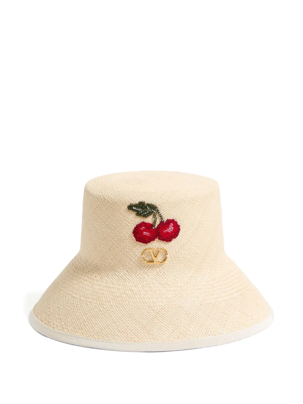 Valentino Garavani Vlogo Signature Straw Bucket Hat With Leather Trim And Cherry Embroidery Woman Na In Mehrfarbig