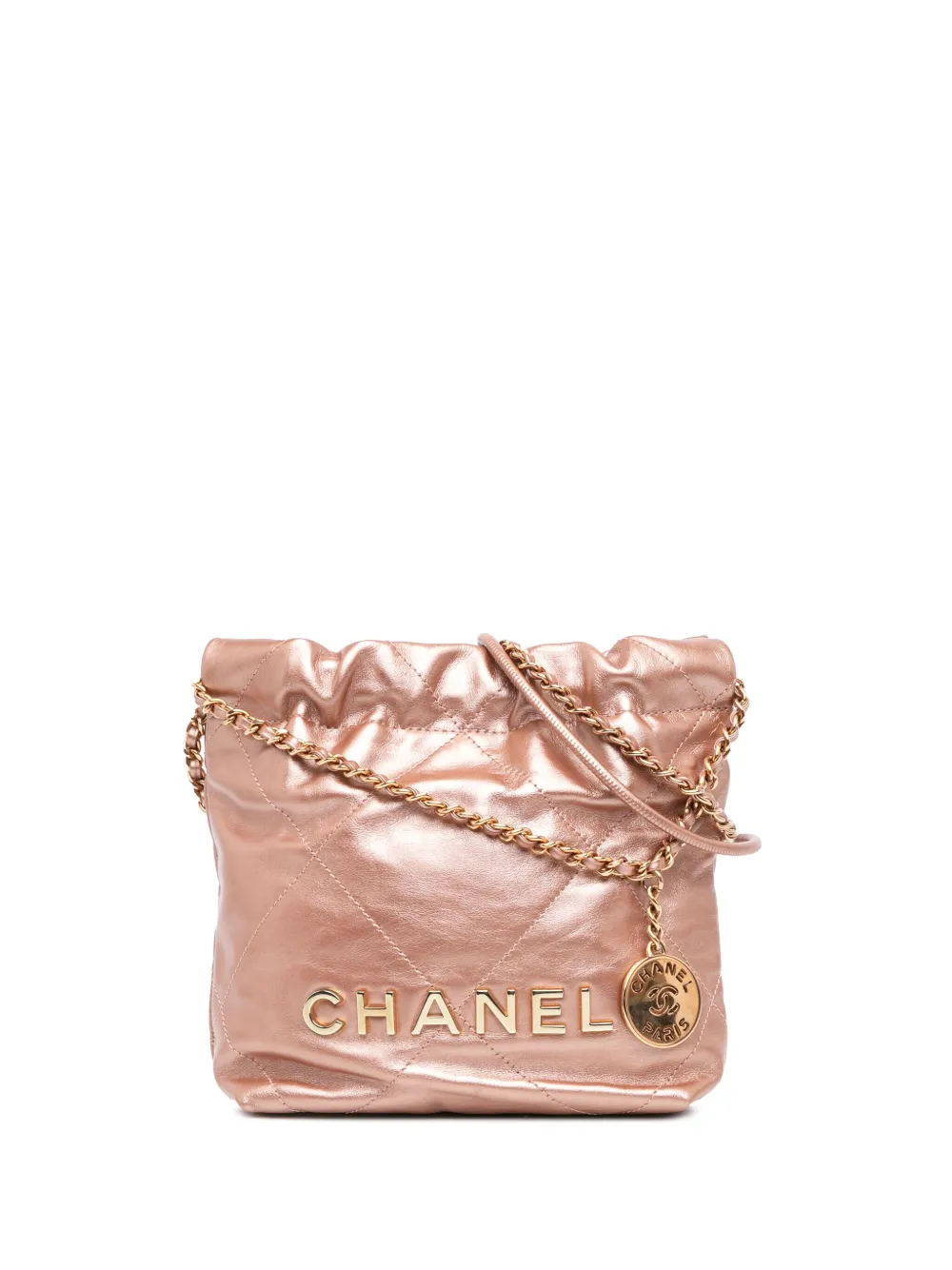 Pre-owned Chanel 2021-2024 Mini Metallic Quilted Calfskin 22 Satchel In Pink