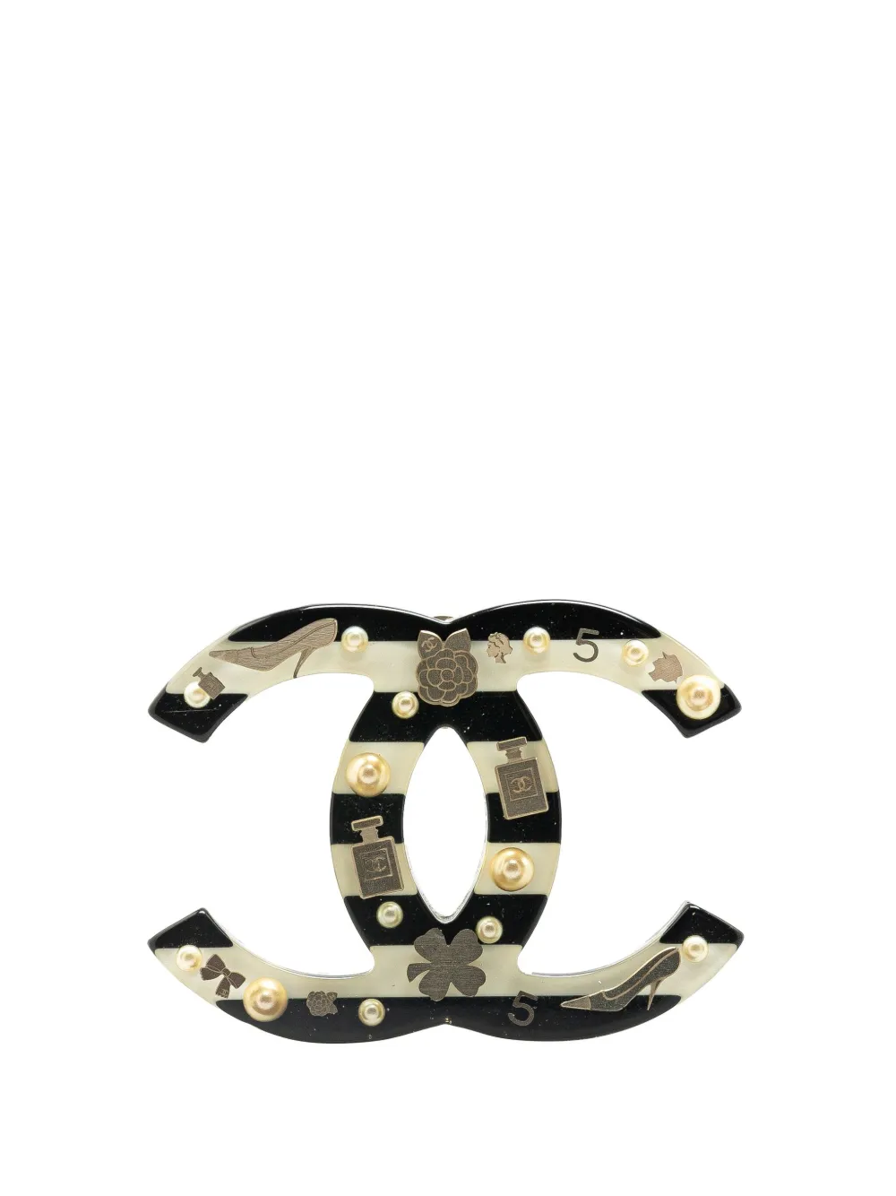 Pre-owned Chanel 2006 Cc Resin Faux Pearl Charms Brooch Costume Brooch In Black
