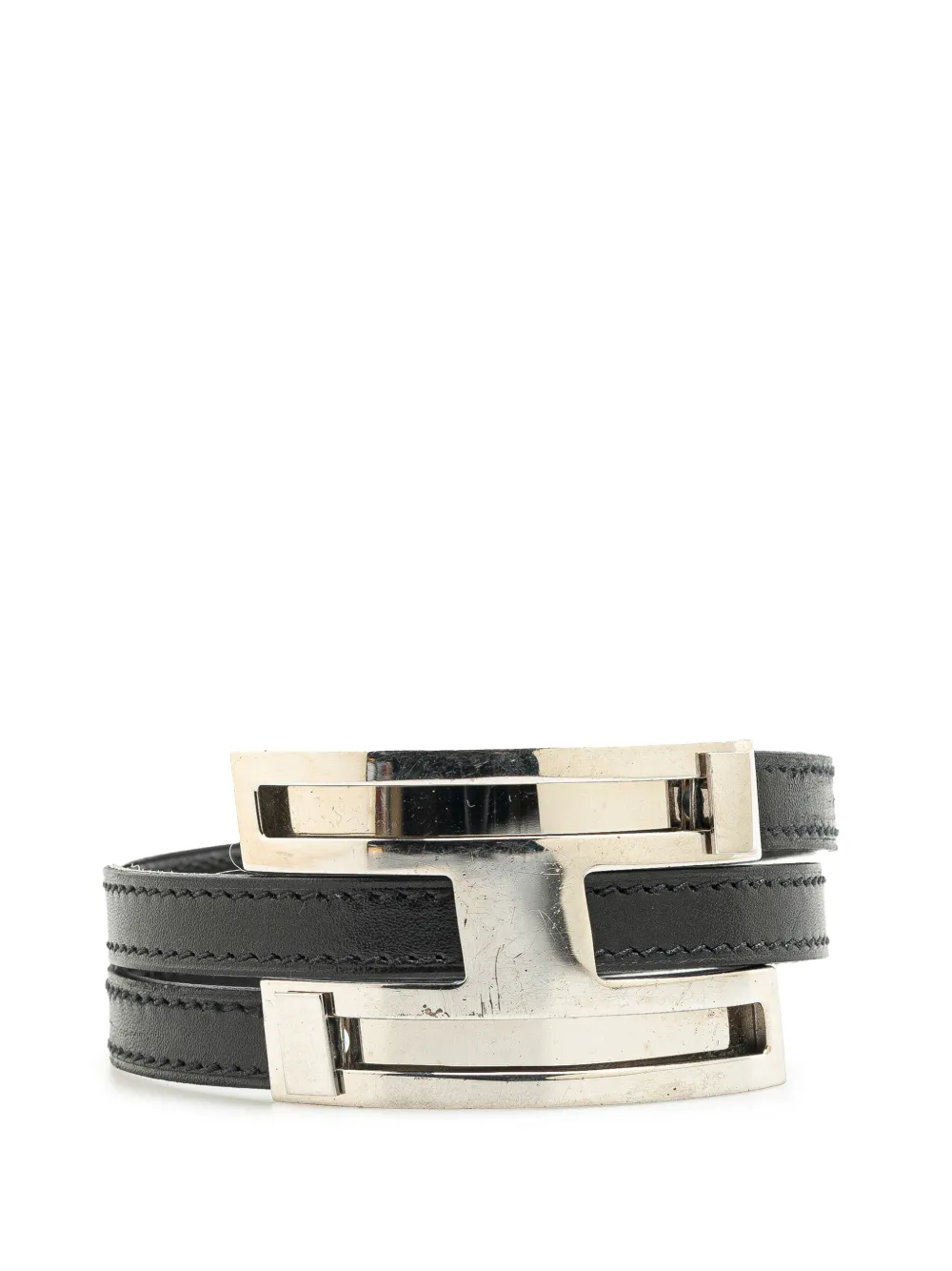 Pre-owned Hermes 1999 Leather Pousse Pousse Double Tour Bracelet Costume Bracelet In Silver