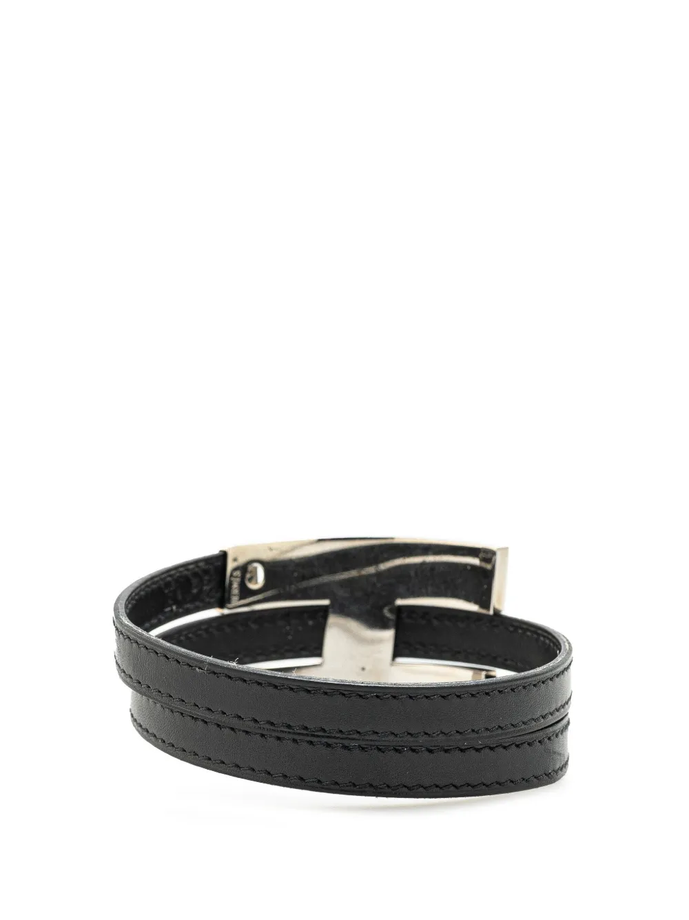 Pre-owned Hermes 1999 Leather Pousse Pousse Double Tour Bracelet Costume Bracelet In Silver
