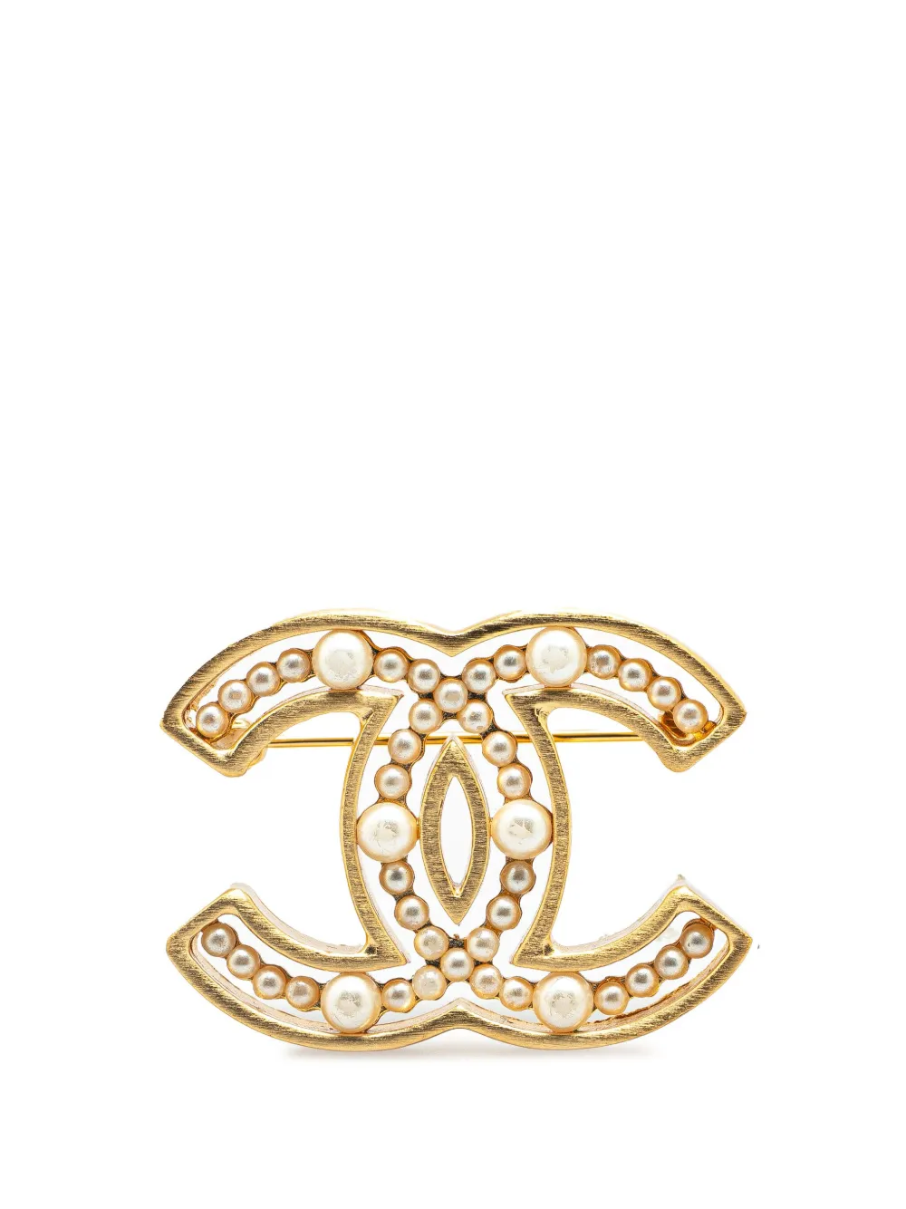 Pre-owned Chanel 2002 Gold Plated Faux Pearl Cc Brooch Costume Brooch
